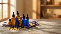 Essential oils in amber and blue glass bottles with dropper caps arranged on rustic wooden table with dried lavender sprigs in warm natural sunlight.