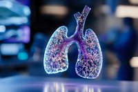 Glowing translucent human lungs model with detailed bronchial structure illuminated in purple and blue colors against dark background showing respiratory system anatomy.