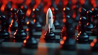 White rocket chess piece stands out among black chess pieces on board with dramatic red lighting, symbolizing innovation, strategy and breakthrough in business leadership.