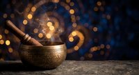 Tibetan singing bowl with wooden mallet on rustic surface against warm bokeh lights background for meditation and sound healing practices.