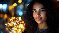 Young African American woman with curly hair smiling at night, holding glowing fairy lights creating magical bokeh effect and warm atmosphere. Soft evening portrait with blurred city lights.