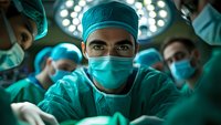 Medical team performing surgery in operating room, intense dramatic lighting from surgical lamp, close up view of surgeon in scrubs and mask with focused eyes.