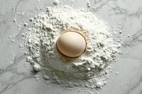 Fresh brown egg on scattered white flour against marble background, overhead view for cooking and baking concept, minimalist food composition.