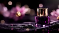 Purple glass perfume bottle on dark glittery surface with soft bokeh lights and blurred pink flowers in background creates luxurious cosmetic atmosphere.