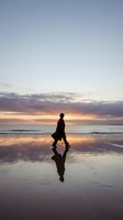 Silhouetted figure jogging along wet sandy beach at sunset with golden and purple sky reflected in water, suitable for fitness, wellness, and lifestyle marketing materials.