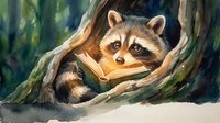 Adorable raccoon reading book in tree hollow, watercolor illustration for children's stories, educational materials, and wildlife art projects.