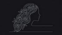 Elegant woman profile silhouette with flowing hair decorated with roses in continuous line art style on dark background for beauty and fashion designs.