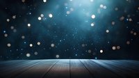 Empty wooden table with blurred magical blue bokeh lights and stars background, creating atmospheric festive mood for product display or montage.