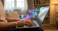 Professional woman typing on laptop with colorful digital network connections and data flow visualization emerging from screen in modern home office.