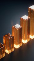 Ascending row of translucent amber crystal blocks with snow-capped tops, glowing from within against dark background, representing growth, progress and success for business presentations.