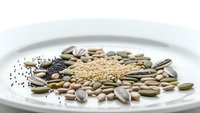 Assorted seeds and grains arranged on white plate including sunflower seeds, pumpkin seeds, sesame, poppy seeds for healthy nutrition and cooking.