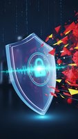 Digital security shield with glowing padlock deflecting cyber attack fragments and malware threats on dark technology background for data protection concepts.