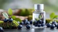 Fresh blueberry essential oil in glass bottle surrounded by organic berries and green moss on wooden surface for natural skincare and aromatherapy.