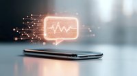 Glowing orange voice message or audio wave icon floating above smartphone with digital connection dots, modern communication concept on blurred background.