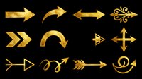 Gold arrow icons set isolated on transparent background, ready for clipart, t-shirt design, stickers, print-on-demand products, and sublimation projects. Twelve directional symbols with ornate and geometric styles.