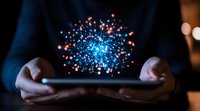 Glowing blue and red particles burst from digital tablet screen held in hands against dark background, creating magical hologram effect for technology concept.