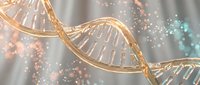 Golden DNA double helix structure with glowing particles and bokeh lights on blurred background for medical research and biotechnology concepts.