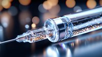 Medical syringe with vaccine or medicine on dark background with bokeh lights, close-up view showing transparent liquid and metallic details.
