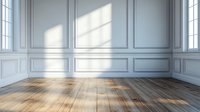 Empty classic room interior with white wall panels, wooden parquet flooring and sunlight casting window shadows, creating minimalist architectural space.