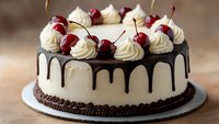 Elegant cream cake decorated with chocolate drip, whipped cream swirls and fresh cherries on top, set against blurred brown background. Perfect for celebrations.
