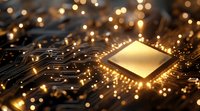 Glowing processor chip on circuit board with golden light effects and bokeh, representing advanced computing technology and artificial intelligence.