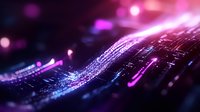 Glowing purple and pink digital wave pattern with particles and light effects on dark background, futuristic technology concept for business presentations.