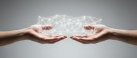 Two hands reaching toward each other with glowing network connections floating between them, representing digital collaboration and connectivity concepts.