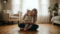Young Caucasian mother and toddler daughter reading book together on wooden floor in bright living room with natural light from large windows.