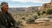 An older Native American man with long gray hair and traditional jewelry sits contemplatively in a desert landscape with canyon formations and sparse vegetation.