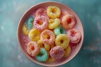 Colorful sugar-coated fruit cereal loops in pink ceramic bowl on turquoise background, overhead view for breakfast food photography.