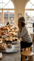 Young African American woman in knit beanie enjoying pastries at cozy bakery cafe with arched windows and warm natural lighting atmosphere.