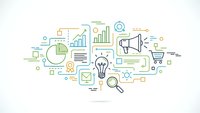 Digital marketing strategy concept with business icons including analytics charts, lightbulb, megaphone and shopping cart on white background.