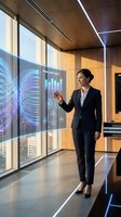 Professional businesswoman presenting data analytics on interactive display in modern corporate office with city view.