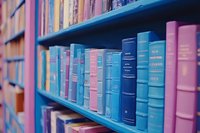 Row of vintage hardcover books in shades of blue and pink on wooden library shelf, creating dreamy pastel color palette for education and literature concepts.