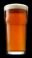 Pint glass filled with amber beer topped with creamy foam head, isolated on transparent background ready for beverage design projects, menus, and promotional materials.