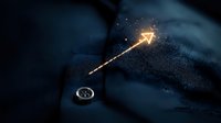 Glowing golden arrow symbol rising upward on dark blue fabric texture with metallic button detail, representing growth, progress and success in business concept.