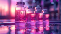Glass laboratory bottles with glowing pink liquid against blurred neon background, creating futuristic scientific atmosphere with reflective surface and bokeh effect.