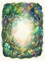 Watercolor enchanted forest frame with glowing mushrooms, lanterns, and magical trees forming an oval border with white copy space center.
