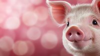 Adorable pink piglet face close-up with smiling expression against soft pink bokeh background, showing detailed snout and ears in gentle lighting.