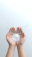 Hands holding glowing orb with light rays on white background, isolated for design use on apparel, posters, and digital projects.