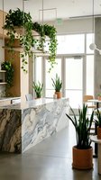 Modern office interior with marble reception desk and hanging plants creating biophilic workspace design for corporate wellness and productivity.