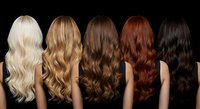 Five women displaying different hair colors from blonde to black with long wavy hairstyles against dark background for beauty salon concepts.