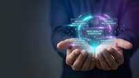 Businessman hands presenting holographic data quality ecosystem with glowing digital interface elements for technology presentations and business concepts.