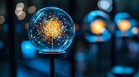 Glowing sphere with magical light particles floating inside on dark blue background with bokeh lights creates mystical atmosphere.