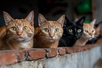 Four curious cats of different colors - ginger, red tabby, black, and cream - peeking over brick wall in line, looking directly at camera with bright expressive eyes.