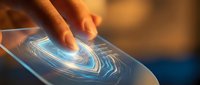 Hand touching futuristic holographic interface with glowing digital swirl patterns on tablet screen showcasing advanced technology and interactive user experience.
