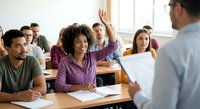 Diverse students in classroom setting with African American woman raising hand to answer question during interactive lecture session.