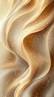 Flowing golden waves with sparkling particles create elegant abstract background in cream and brown tones, suitable for luxury designs and festive decorations.