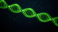 Green DNA double helix structure with glowing effect on dark background for genetic research, biotechnology and molecular biology concepts.