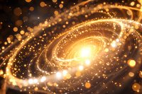 Glowing golden spiral galaxy with luminous stardust and light particles swirling in cosmic space, creating magical celestial atmosphere for astronomy backgrounds.